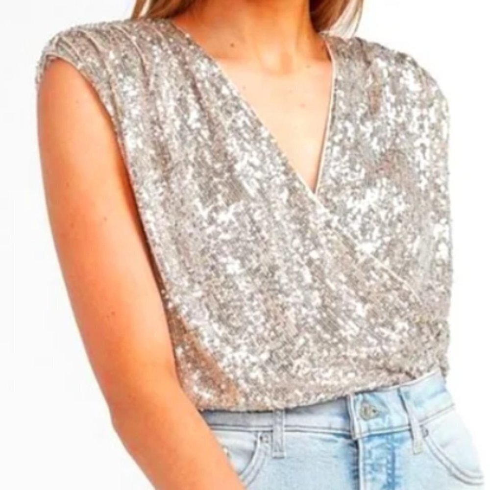 Express Cream Sequin Sparkly Sleeveless Bodysuit